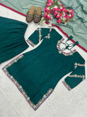 Fabulous Embroidery Work Green Color Sharara Suit