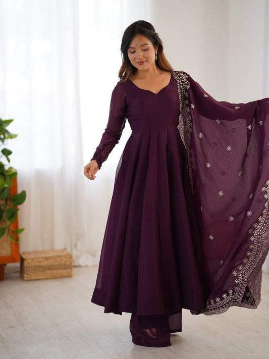 Adorable Fandy Silk Wine Color Anarkali Gown