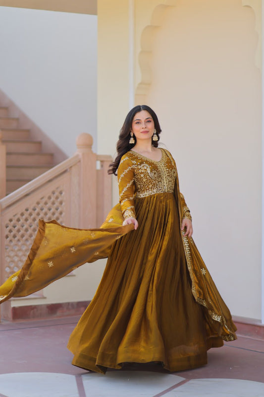 Delightful Embroidered Work Mehndi Color Gown