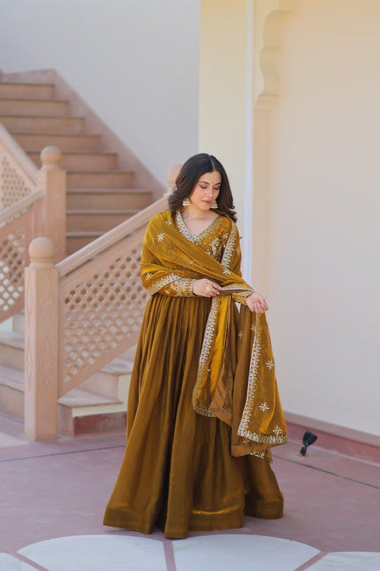 Delightful Embroidered Work Mehndi Color Gown