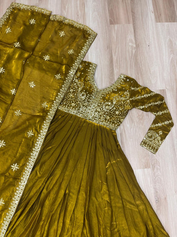 Delightful Embroidered Work Mehndi Color Gown