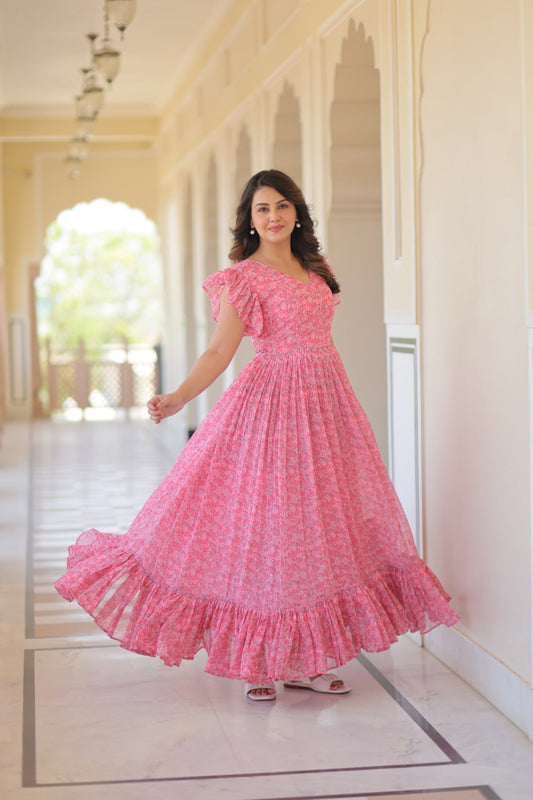 Attractive Ruffle Flare Printed Pink Color Long Gown