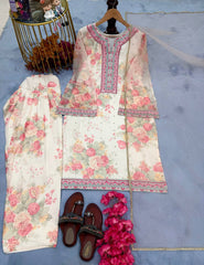 Fantastic Flower Print White Color Palazzo Suit