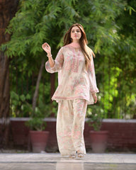 Fantastic Flower Print White Color Palazzo Suit
