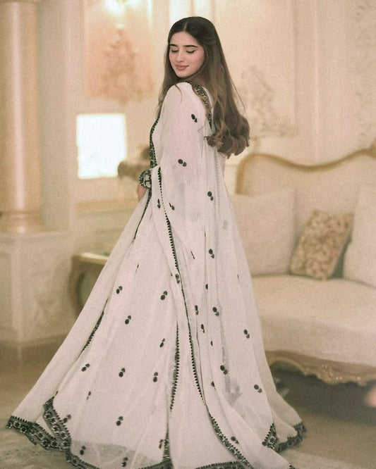 Presenting Embroidery Work White Color Anarkali Gown