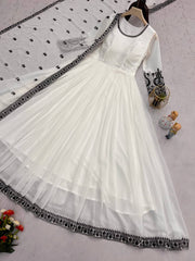 Presenting Embroidery Work White Color Anarkali Gown