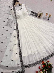Presenting Embroidery Work White Color Anarkali Gown