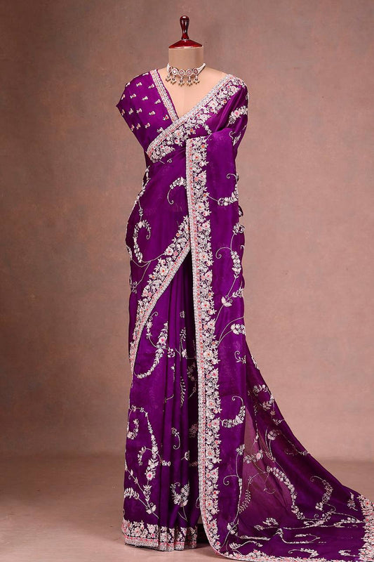 Flattering Heavy Work Purple Color Saree