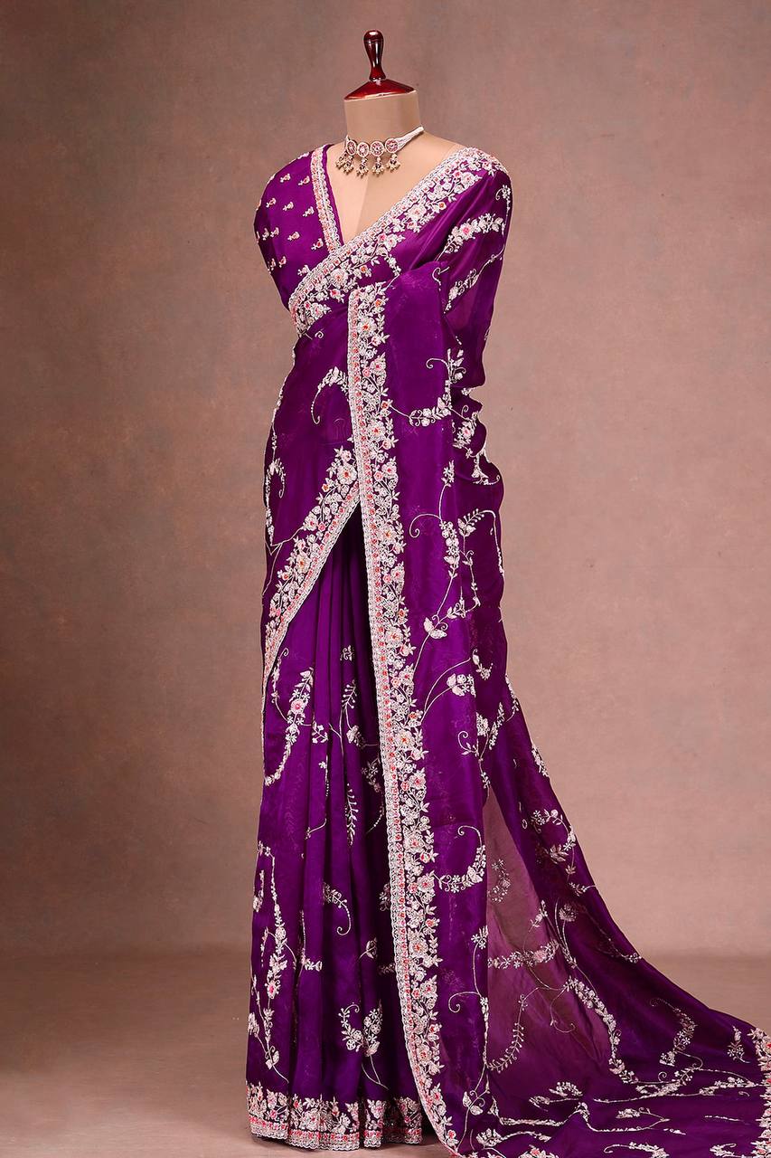 Flattering Heavy Work Purple Color Saree