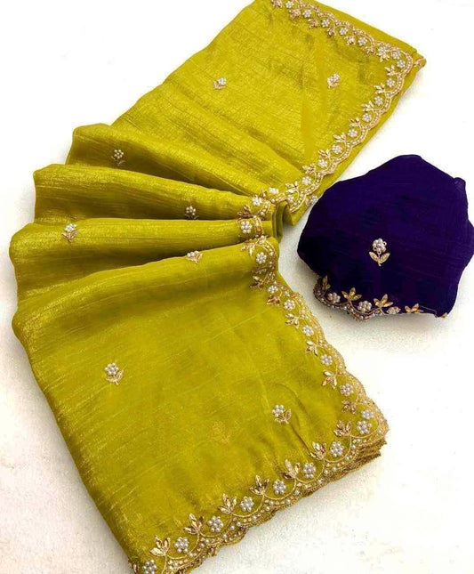 Party Wear Embroidery Work Green Color Saree