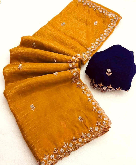 Party Wear Embroidery Work Mustard Color Saree