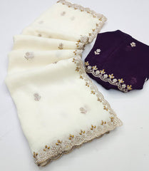 Party Wear Embroidery Work White Color Saree