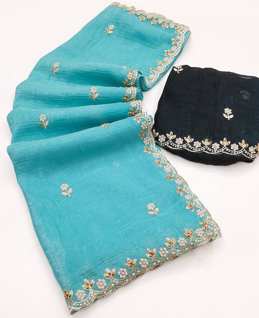 Party Wear Embroidery Work Sky Color Saree
