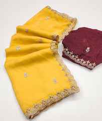 Party Wear Embroidery Work Yellow Color Saree