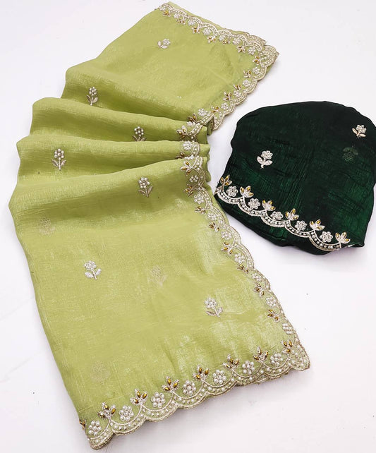 Party Wear Embroidery Work Pista Color Saree