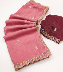 Party Wear Embroidery Work Peach Color Saree