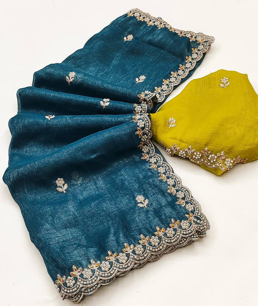 Party Wear Embroidery Work Teal Green Color Saree