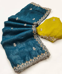 Party Wear Embroidery Work Teal Green Color Saree