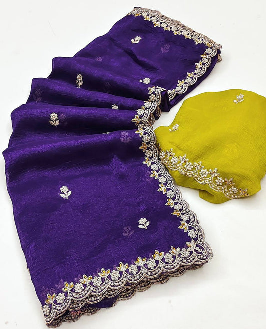 Party Wear Embroidery Work Purple Color Saree