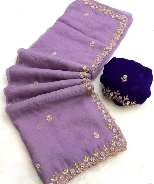 Party Wear Embroidery Work Lavender Color Saree