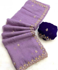 Party Wear Embroidery Work Lavender Color Saree