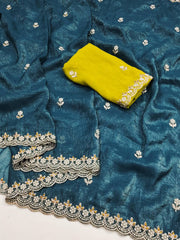 Party Wear Embroidery Work Teal Green Color Saree