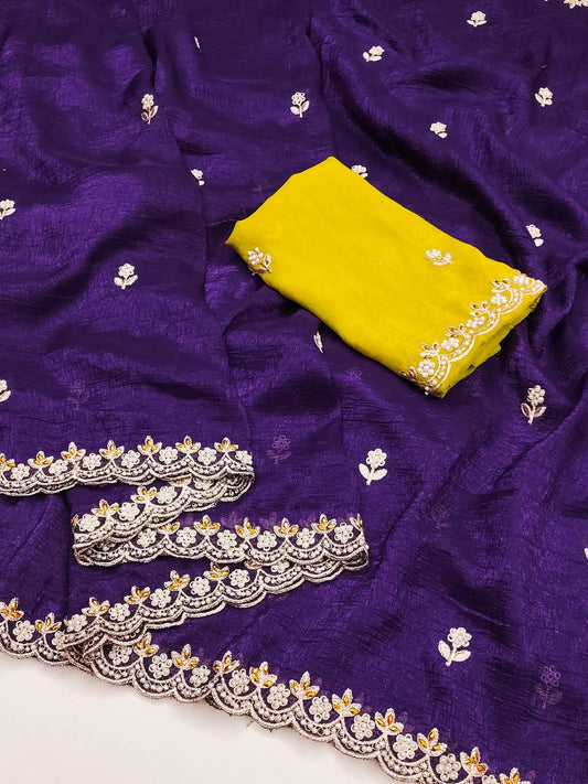 Party Wear Embroidery Work Purple Color Saree