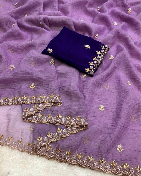 Party Wear Embroidery Work Lavender Color Saree