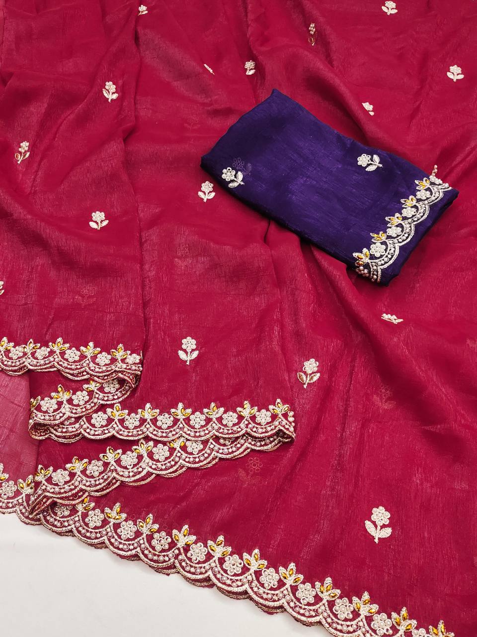 Party Wear Embroidery Work Red Color Saree