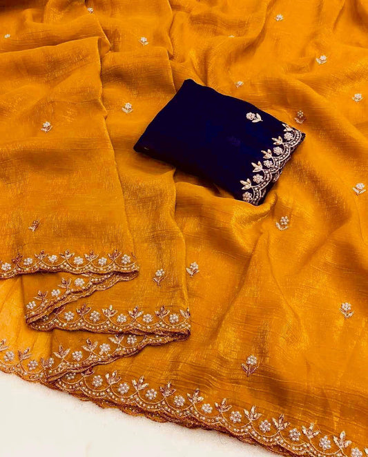 Party Wear Embroidery Work Mustard Color Saree