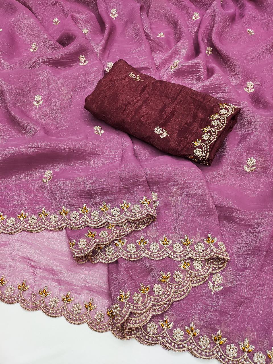 Party Wear Embroidery Work Onion Color Saree