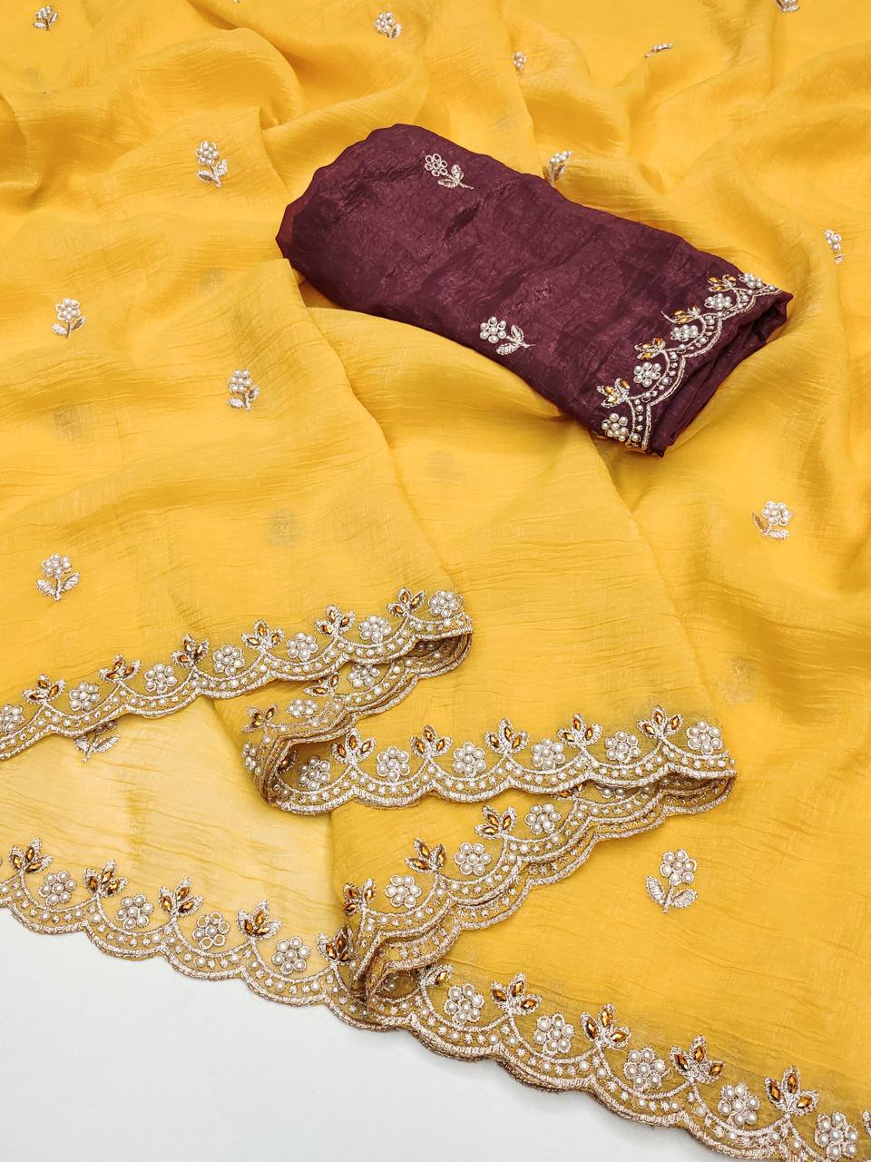 Party Wear Embroidery Work Yellow Color Saree