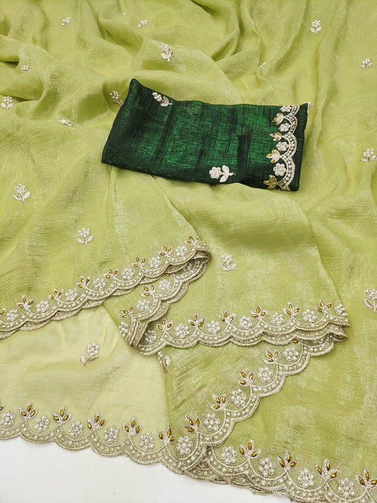 Party Wear Embroidery Work Pista Color Saree