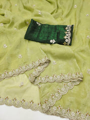 Party Wear Embroidery Work Pista Color Saree