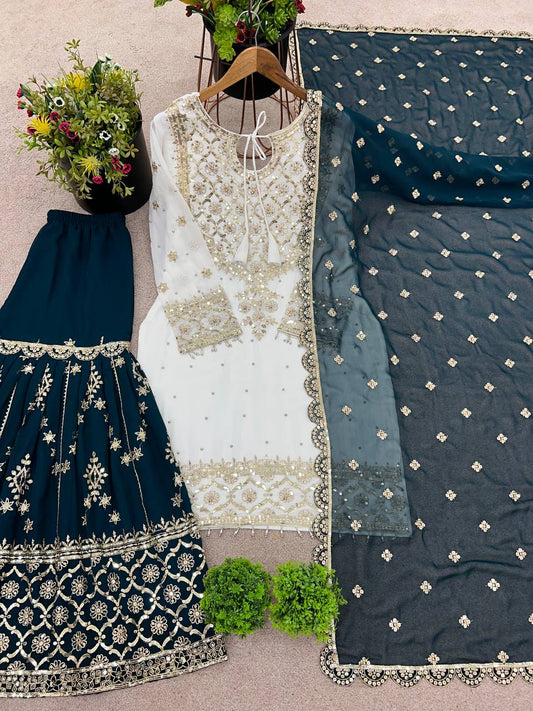 Exclusive Heavy Work White Color Suit Teal Blue Sharara