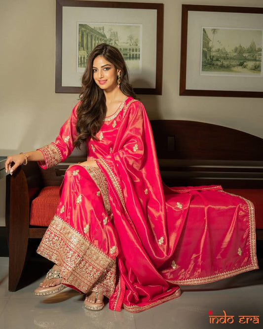 Wonderful Embroidery Work Pink Color Palazzo Suit