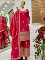 Wonderful Embroidery Work Pink Color Palazzo Suit