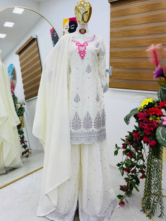 Good Looking Sequence Work White Color Palazzo Suit