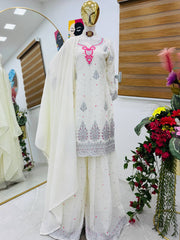 Good Looking Sequence Work White Color Palazzo Suit