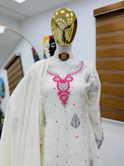 Good Looking Sequence Work White Color Palazzo Suit