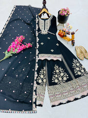 Demanding Embroidery Work Black Color Sharara Suit