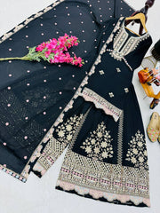 Demanding Embroidery Work Black Color Sharara Suit