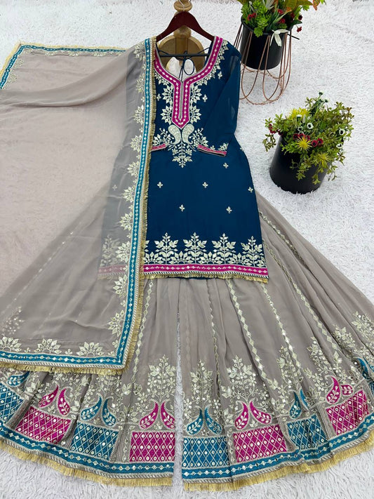 Beautiful Sequence Work Navy Blue Color Sharara Suit