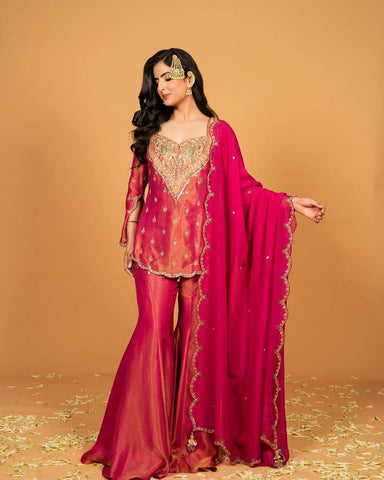 Party Wear Heavy Work Pink Color Palazzo Suit