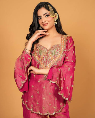Party Wear Heavy Work Pink Color Palazzo Suit