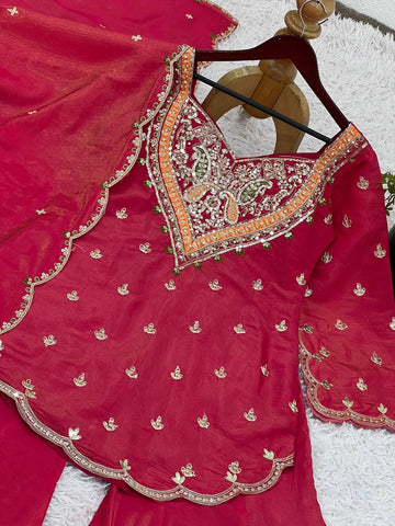 Party Wear Heavy Work Pink Color Palazzo Suit