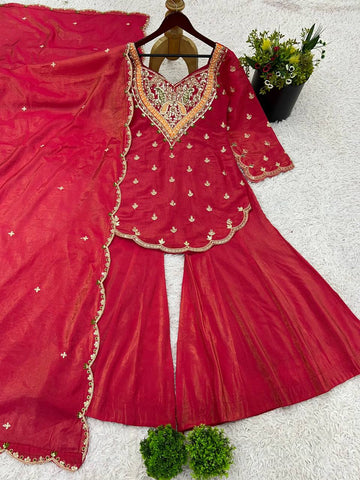 Party Wear Heavy Work Pink Color Palazzo Suit