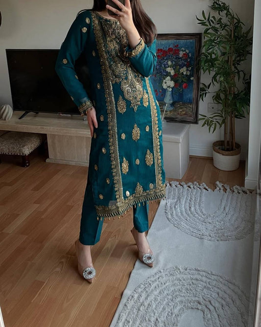 Festive Wear Embroidery Work Teal Blue Color Salwar Suit