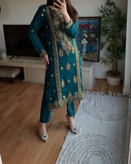 Festive Wear Embroidery Work Teal Blue Color Salwar Suit