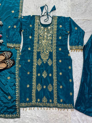 Festive Wear Embroidery Work Teal Blue Color Salwar Suit
